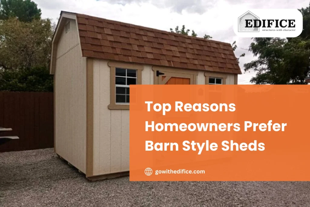 Barn style sheds with spacious loft storage design in a clean backyard setting by Edifice